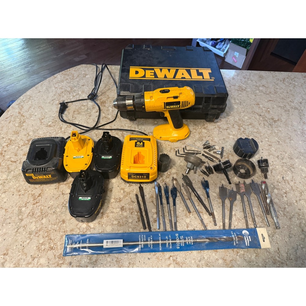 DeWalt DW995 18V Cordless Drill Set with 3 Batteries 2 Chargers Case and Bits